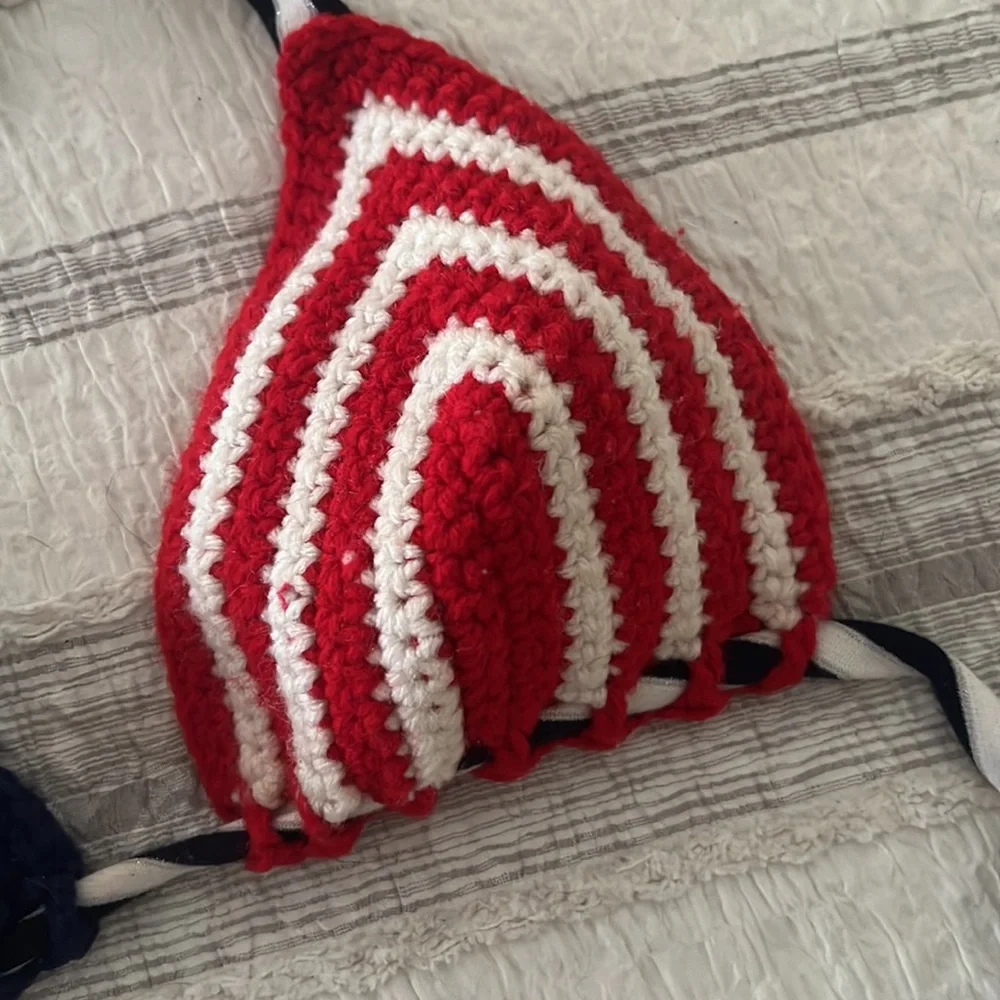 Crochet Triangle Bikini Top - Red & Navy